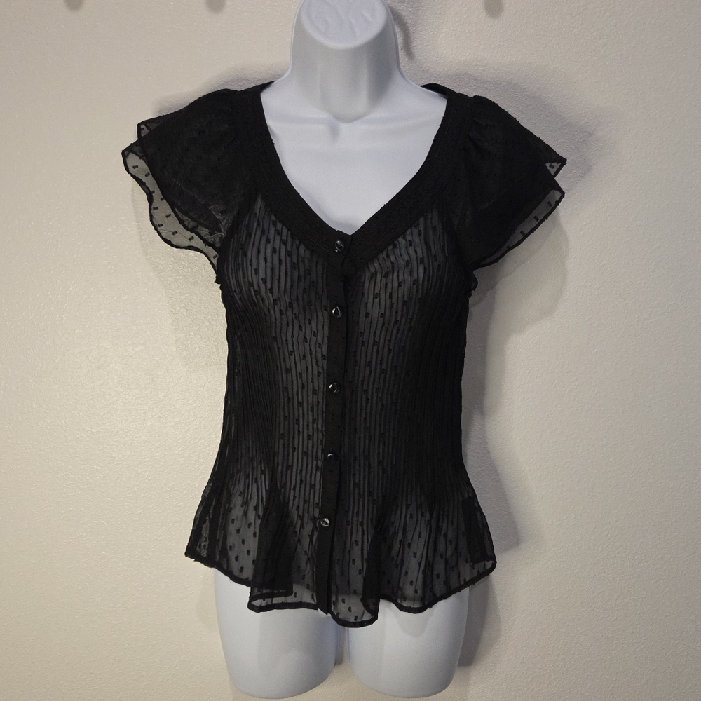 Laura Scott Black Sheer Ruffle Sleeve Blouse- Size S